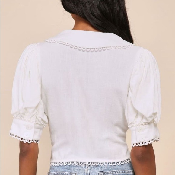 Lulus Uncommon Charm Ivory Lace Button-Up Big Collar Puff Sleeve Top M Boho NWT - Picture 2 of 12